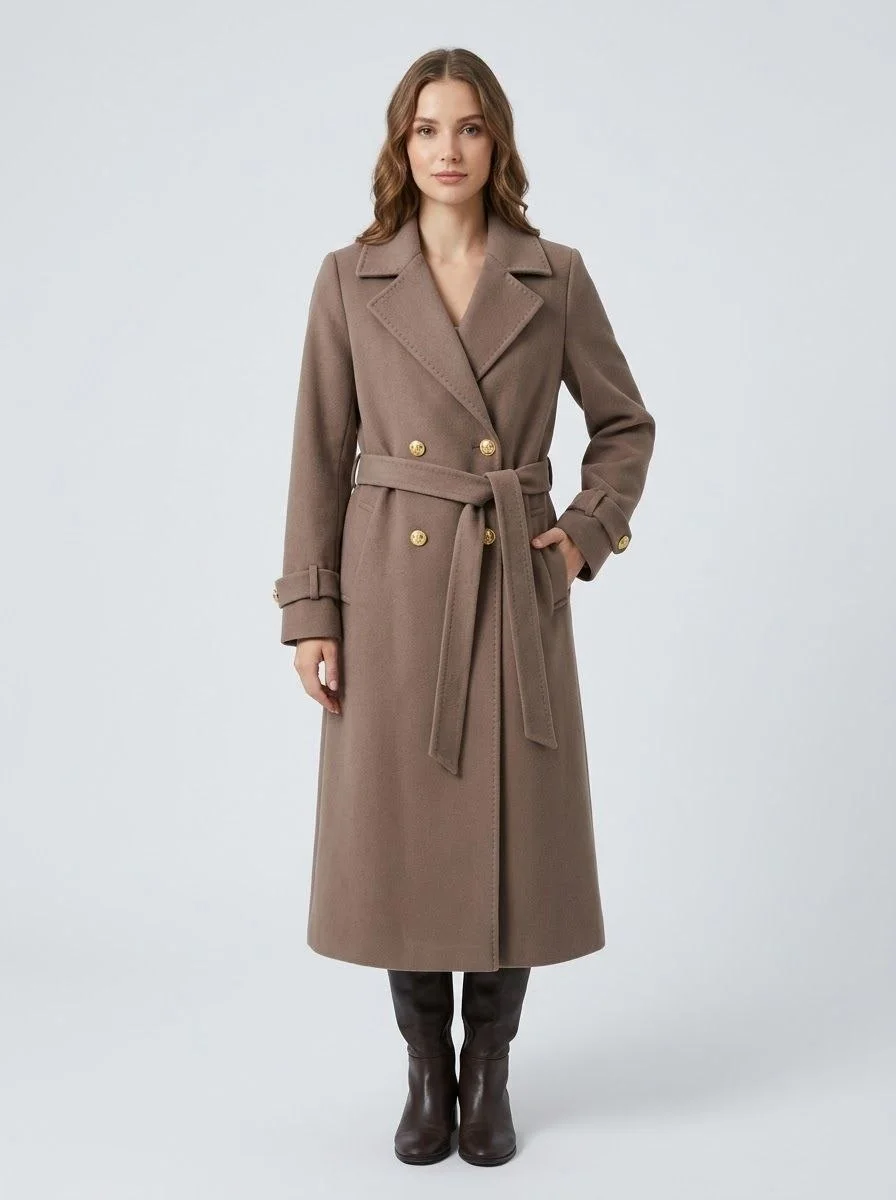 Manteau Long Ceinturé en Laine à Boutons Dorés Gravés