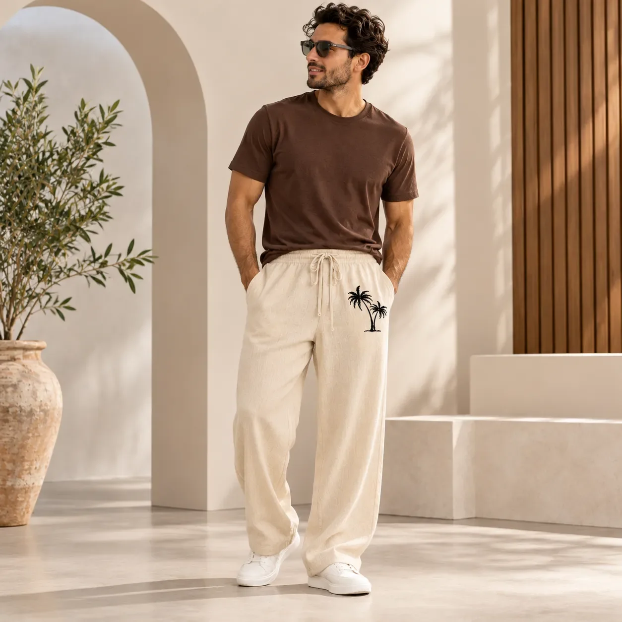 le Pantalon Large Beige à Palmiers (CIV)