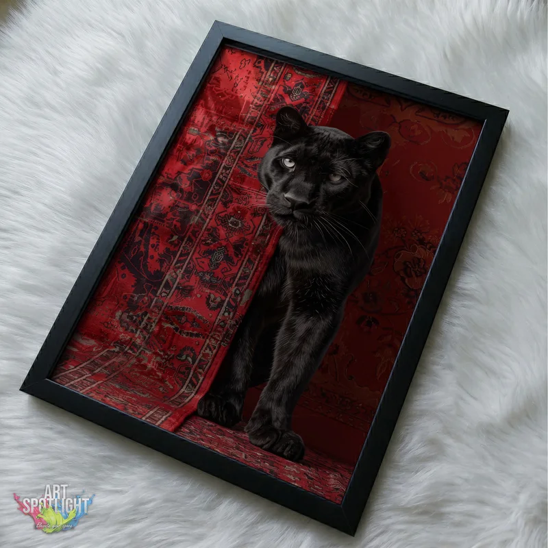 BLACK PANTHER AGAINST RED TAPESTRY