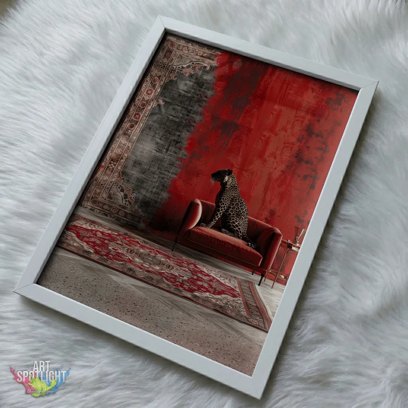 LEOPARD ON RED ARMCHAIR