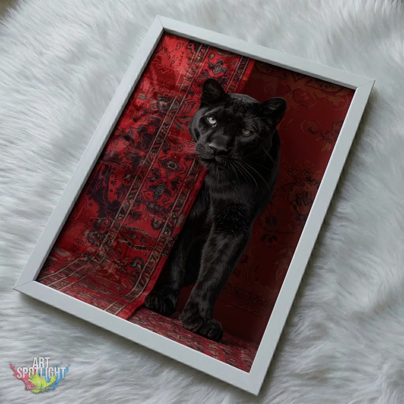 BLACK PANTHER AGAINST RED TAPESTRY