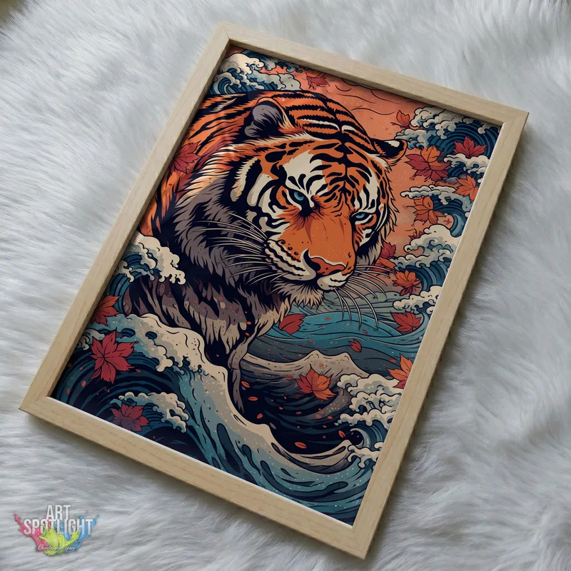 TIGER WITH WAVES AND MAPLE LEAVES