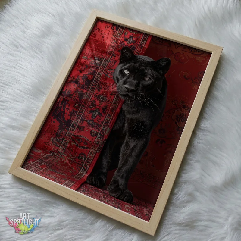 BLACK PANTHER AGAINST RED TAPESTRY