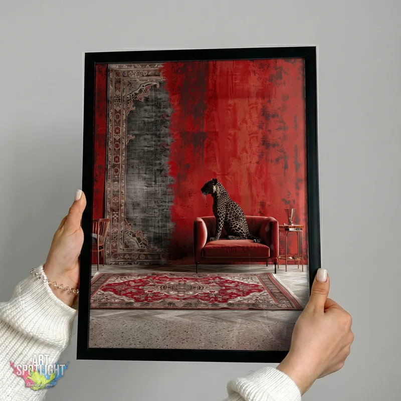 LEOPARD ON RED ARMCHAIR