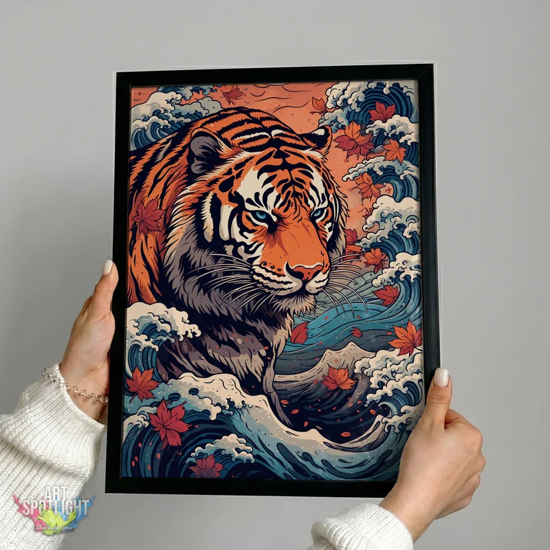TIGER WITH WAVES AND MAPLE LEAVES