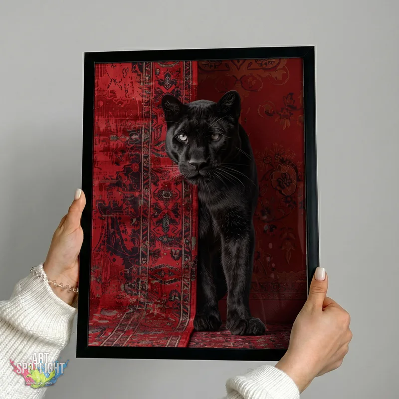BLACK PANTHER AGAINST RED TAPESTRY