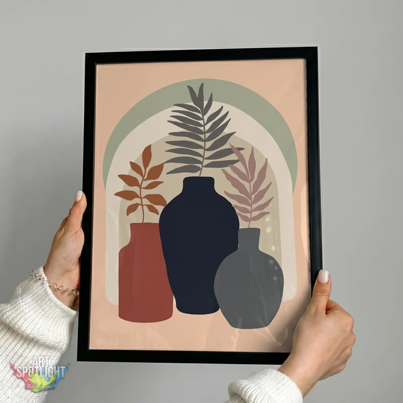 THREE VASES WITH LEAFY STEMS