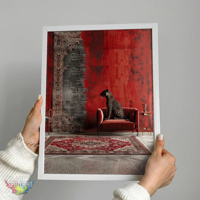 LEOPARD ON RED ARMCHAIR