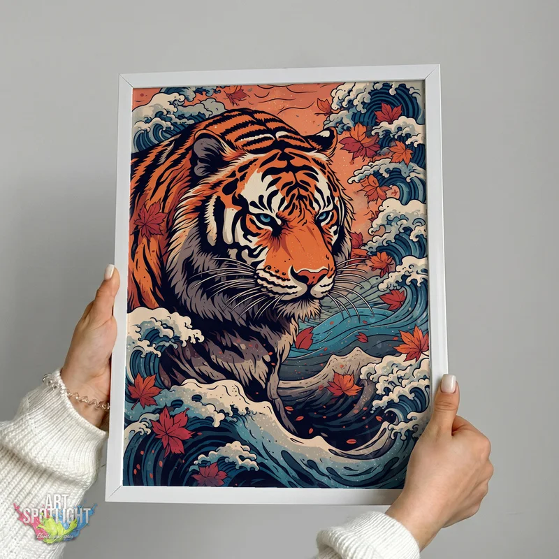 TIGER WITH WAVES AND MAPLE LEAVES