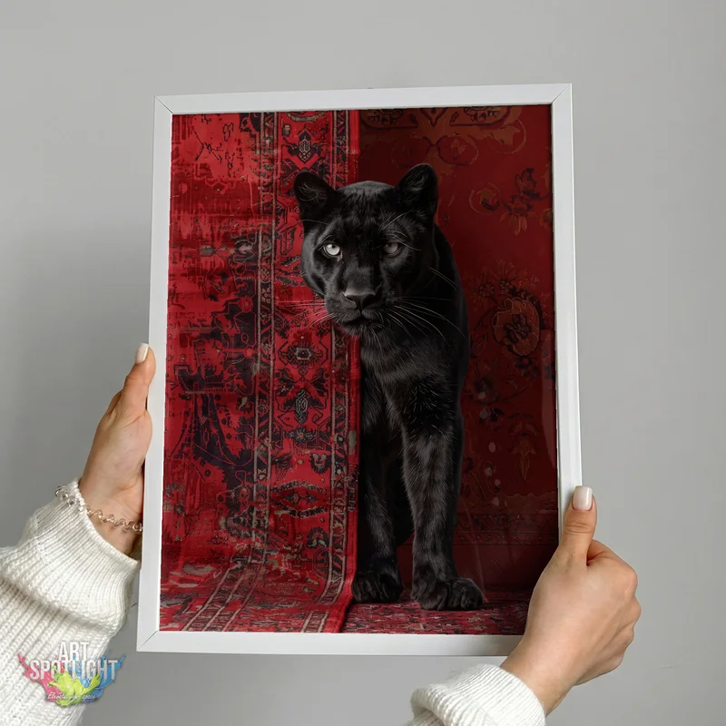 BLACK PANTHER AGAINST RED TAPESTRY
