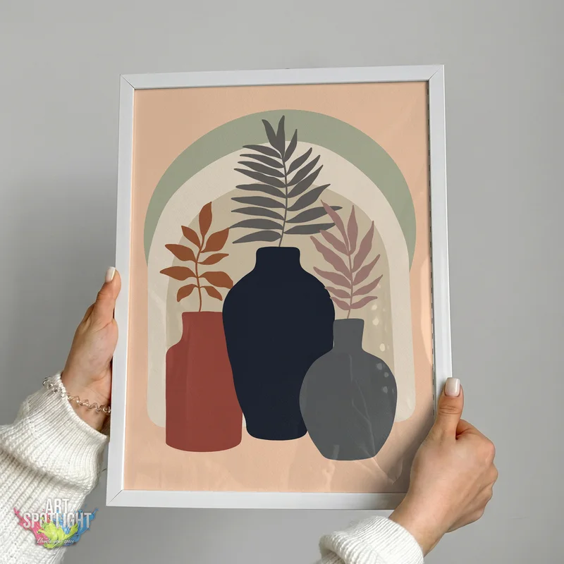 THREE VASES WITH LEAFY STEMS