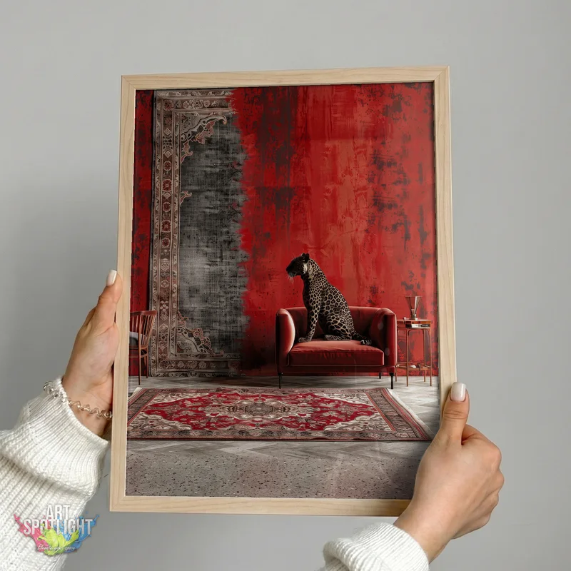 LEOPARD ON RED ARMCHAIR