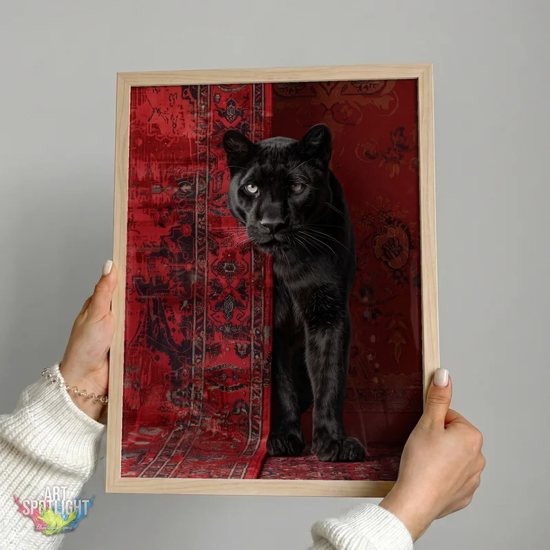 BLACK PANTHER AGAINST RED TAPESTRY