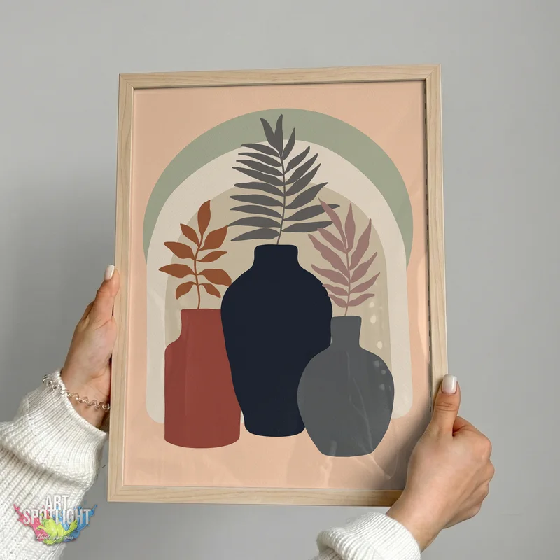 THREE VASES WITH LEAFY STEMS