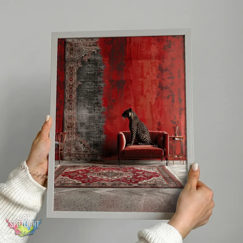 LEOPARD ON RED ARMCHAIR
