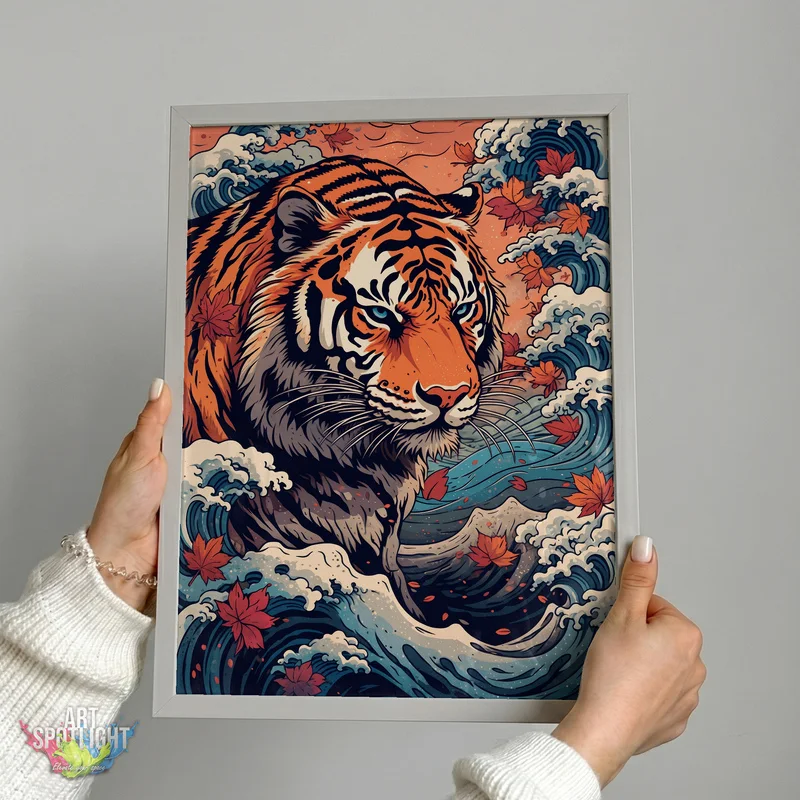 TIGER WITH WAVES AND MAPLE LEAVES