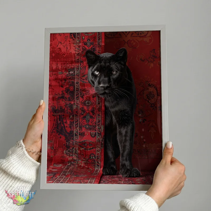 BLACK PANTHER AGAINST RED TAPESTRY