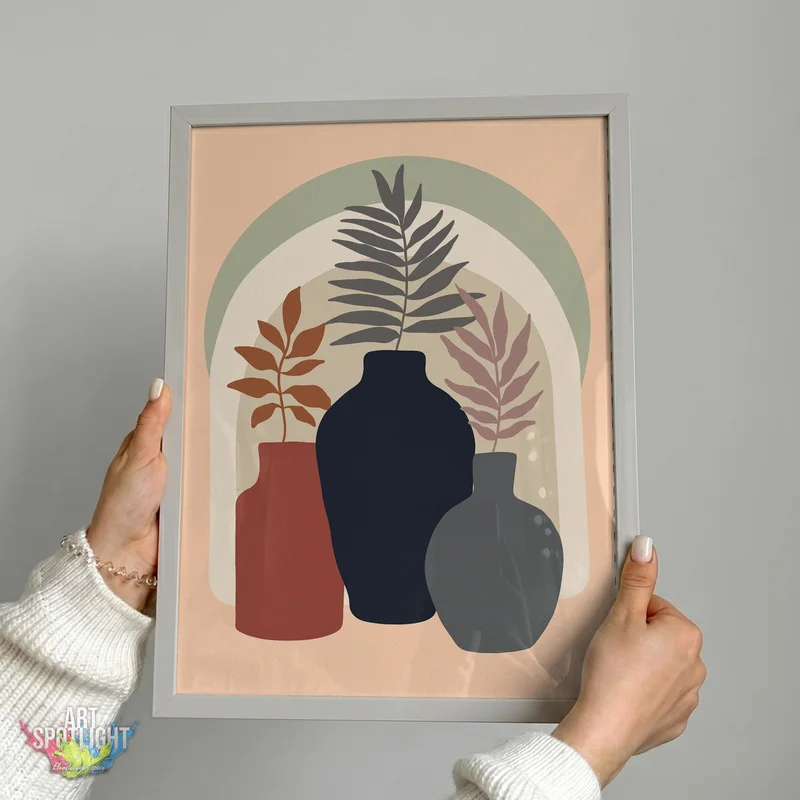 THREE VASES WITH LEAFY STEMS