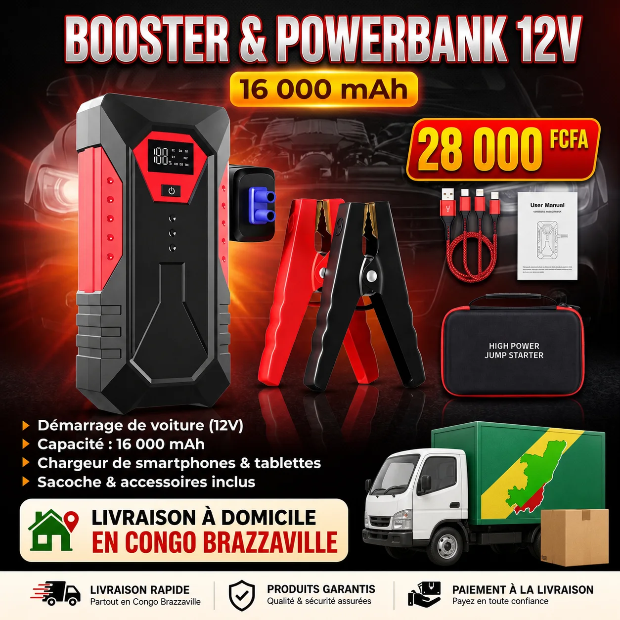 🚗 Booster de Démarrage Portable 12V – 16000 mAh | Batterie Externe Multifonction