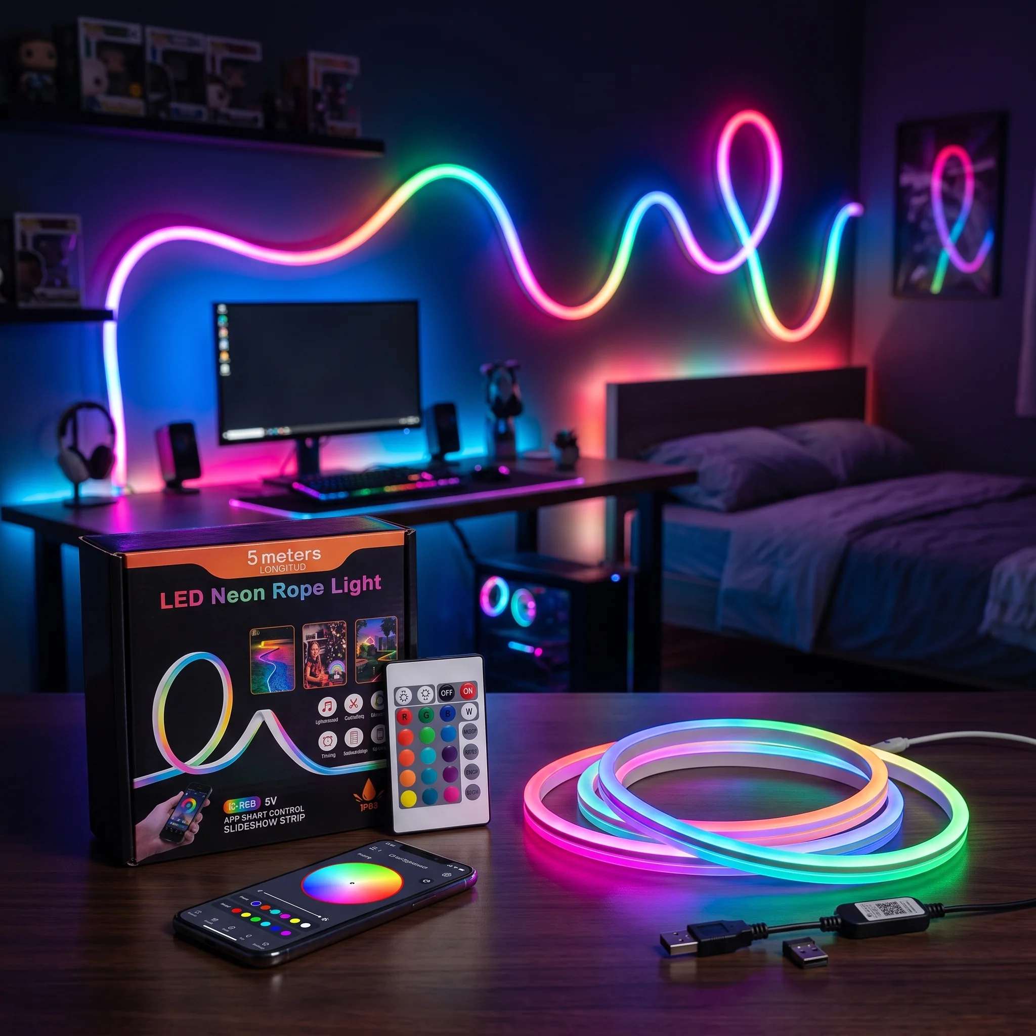 🌈 Bande LED Néon RGBW Intelligente 5M – Décoration Lumineuse Moderne  ✨ Transformez votre maison avec des millions de couleurs !