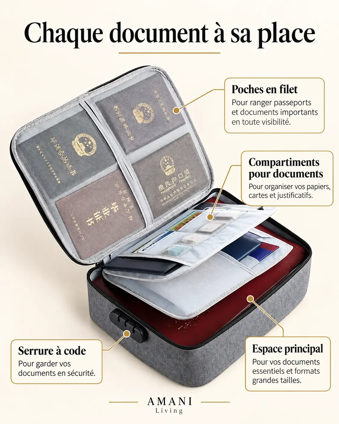 Sac Organisateur de Documents Gris à Code – Format 37 × 27 × 10,5 cm