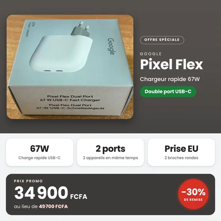 Google Pixel Flex 67W Double Port USB-C Séries 11, 10, 9, 8, 7 & 6