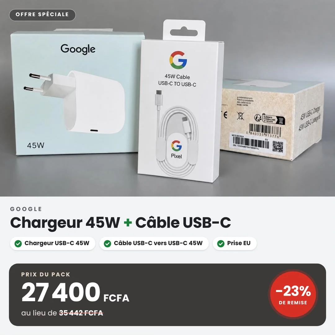 KIT Chargeur Secteur Google 45W USB-C (Boîtier + Câble) Séries 11, 10, 9, 8, 7 & 6