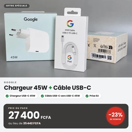 KIT Chargeur Secteur Google 45W USB-C (Boîtier + Câble) Séries 11, 10, 9, 8, 7 & 6