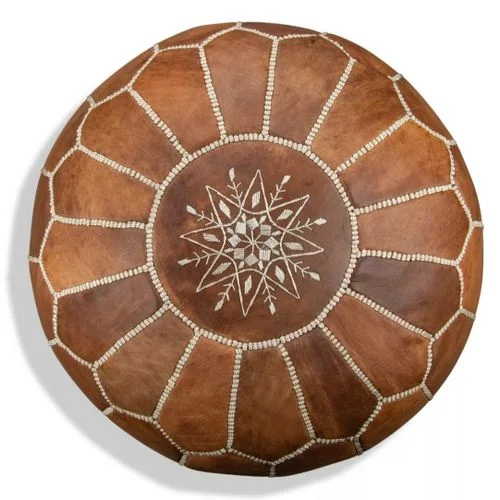 Pouf Marocain en Cuir Véritable Marron – Artisanat Traditionnel