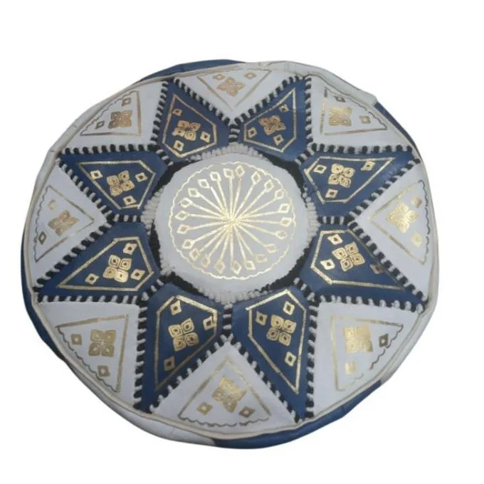 Pouf en Cuir Marocain Artisanal Blanc et Bleu