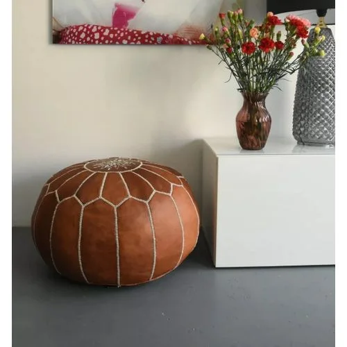 Pouf Marocain en Cuir Véritable Marron – Artisanat Traditionnel