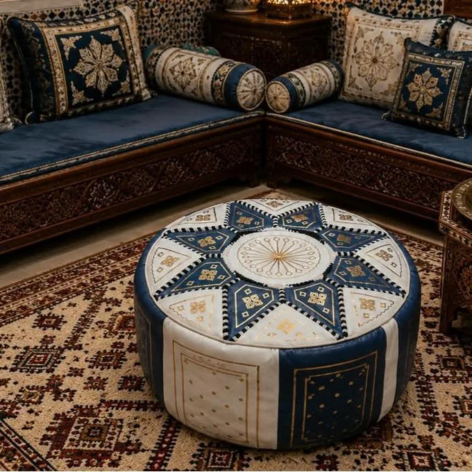 Pouf en Cuir Marocain Artisanal Blanc et Bleu