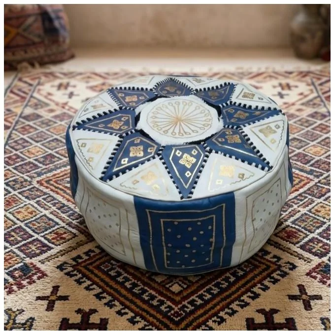 Pouf en Cuir Marocain Artisanal Blanc et Bleu
