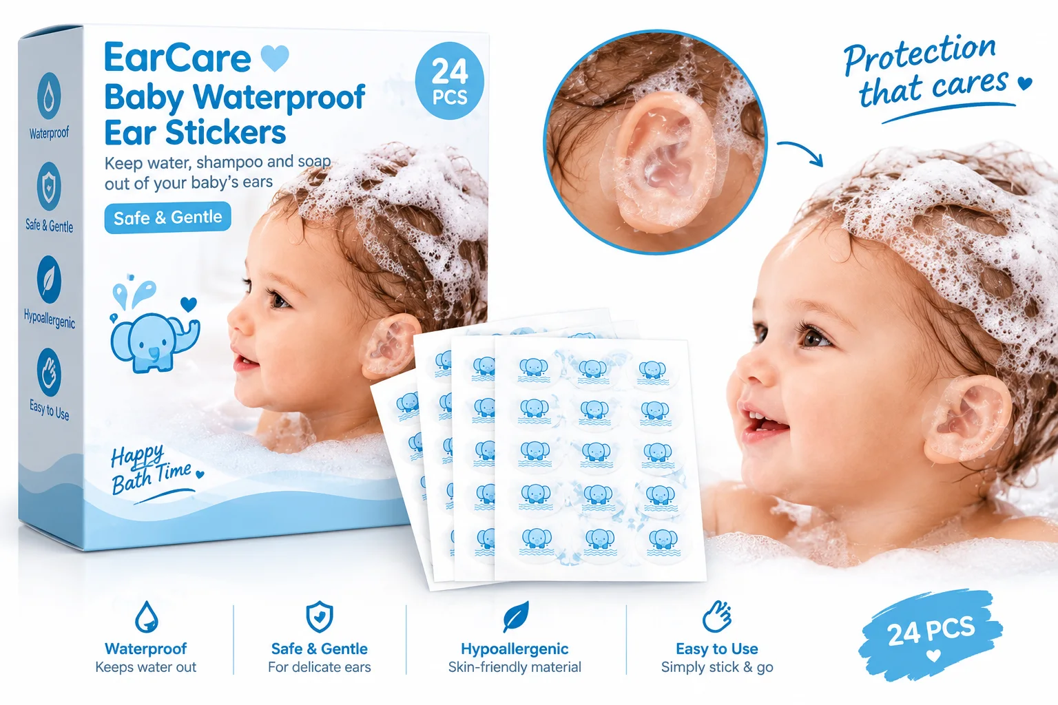 EarCare – Protections Imperméables pour les Oreilles de Bébé, 24 Pièces