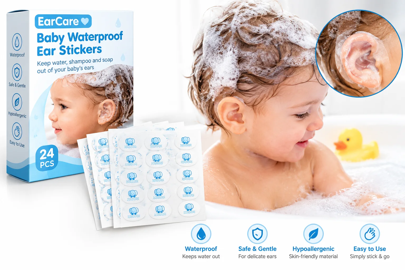 EarCare – Protections Imperméables pour les Oreilles de Bébé, 24 Pièces