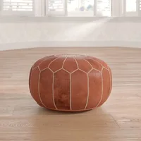 Authentique Pouf Marocain en Cuir Naturel - Marron Caramel / Cognac