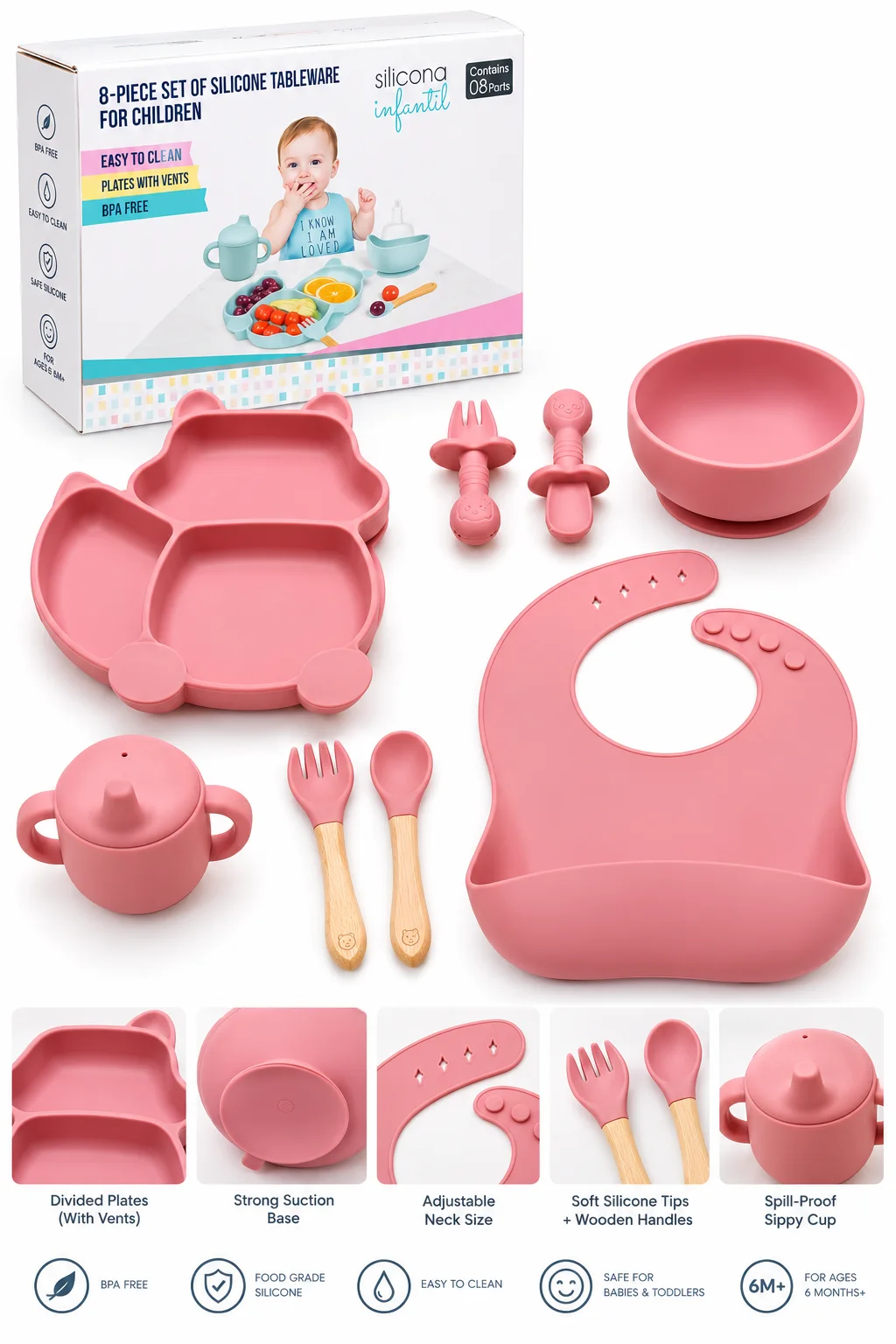 Ensemble Repas Bébé en Silicone 8 Pièces – Assiette Ourson, Bol à Ventouse, Bavoir, Tasse et Couverts – Rose