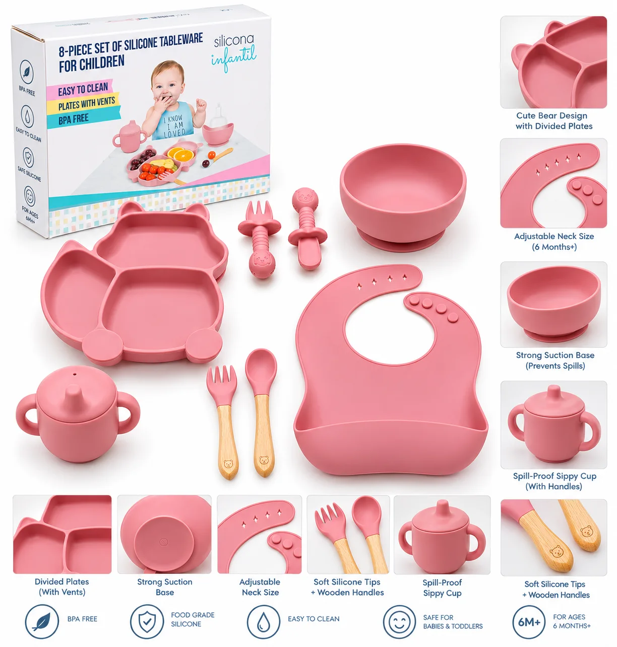 Ensemble Repas Bébé en Silicone 8 Pièces – Assiette Ourson, Bol à Ventouse, Bavoir, Tasse et Couverts – Rose