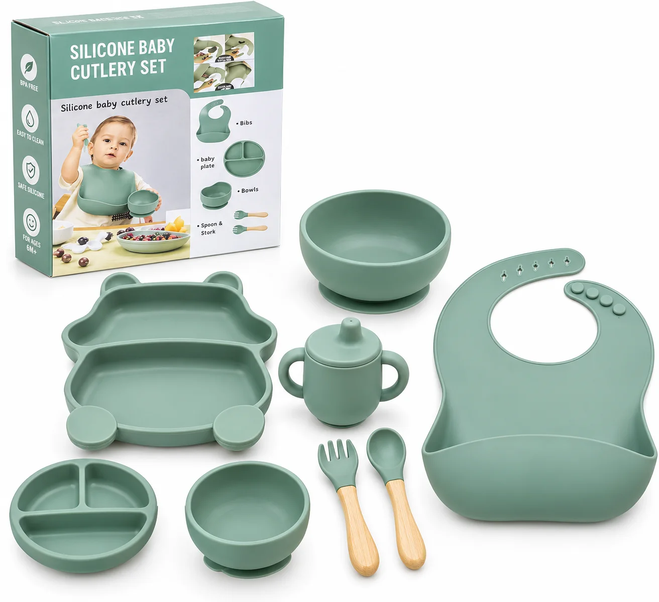 Ensemble Repas Bébé en Silicone 8 Pièces – Assiette Ourson, Bol à Ventouse, Bavoir, Tasse et Couverts – Rose