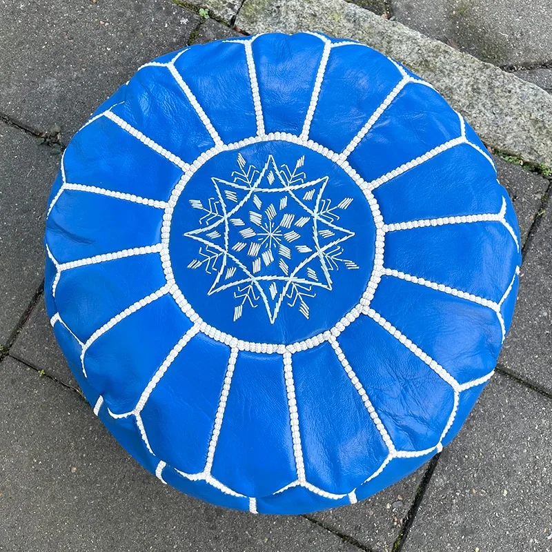 Pouf en Cuir Marocain Artisanal Bleu