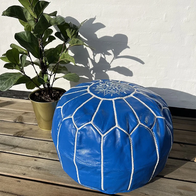 Pouf en Cuir Marocain Artisanal Bleu