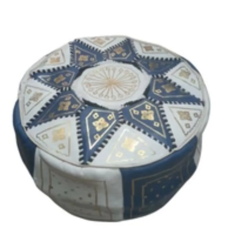 Pouf en Cuir Marocain Artisanal Blanc et Bleu