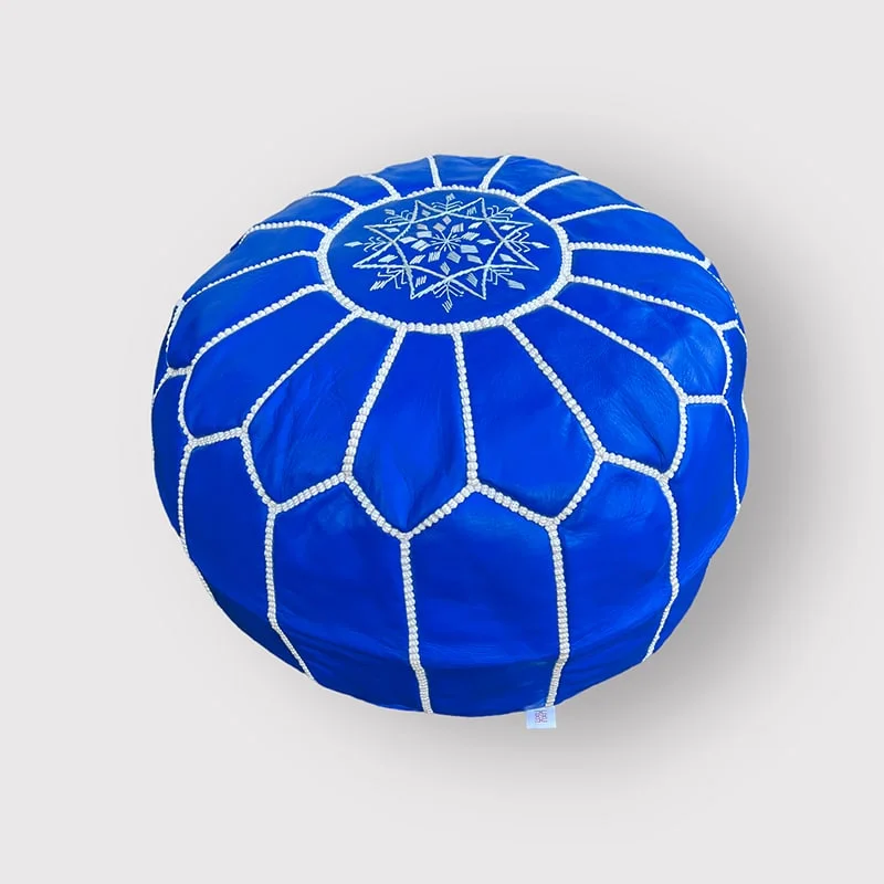 Pouf en Cuir Marocain Artisanal Bleu