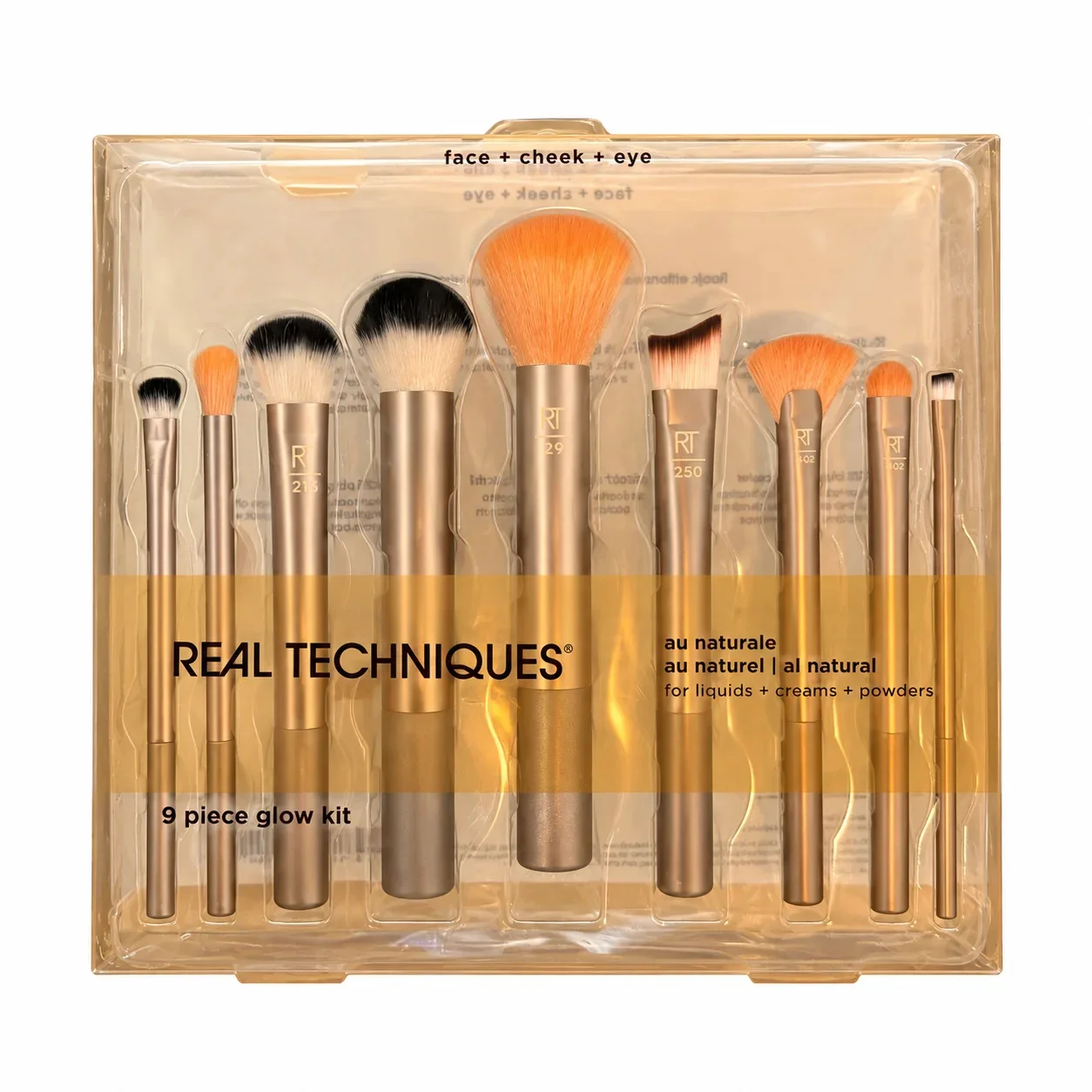 Real Techniques 9 Piece Glow Kit – Face + Cheek + Eyeالعربي: مجموعة فرش المكياج Real Techniques المضيئة 9 قطع – للوجه