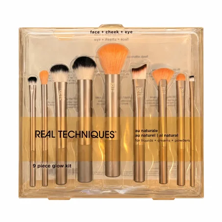 Real Techniques 9 Piece Glow Kit – Face + Cheek + Eyeالعربي: مجموعة فرش المكياج Real Techniques المضيئة 9 قطع – للوجه