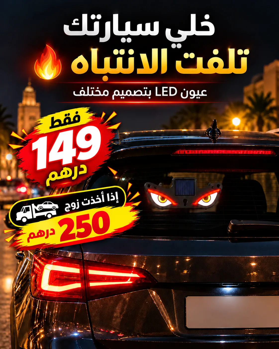 عيون LED للسيارة بالطاقة الشمسية – تصميم Demon Eyes مع شحن Type-C