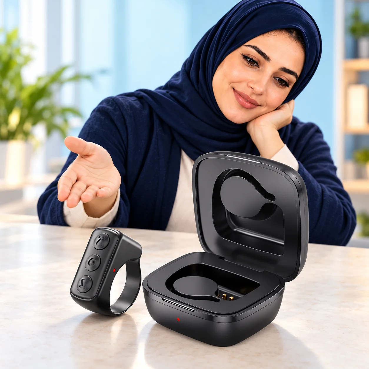 خاتم ريموت بلوتوث للتحكم في الفيديوهات مع علبة شحن — أسود