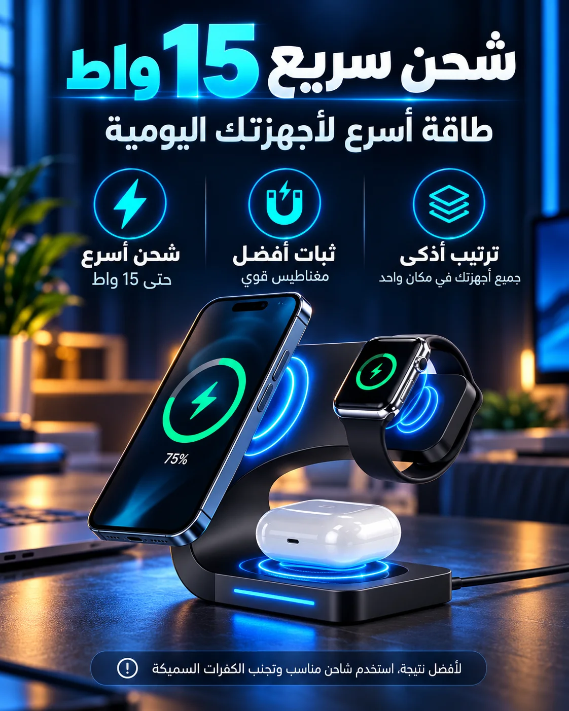 شحن لاسلكي بقدرة معلنة حتى 15 واط