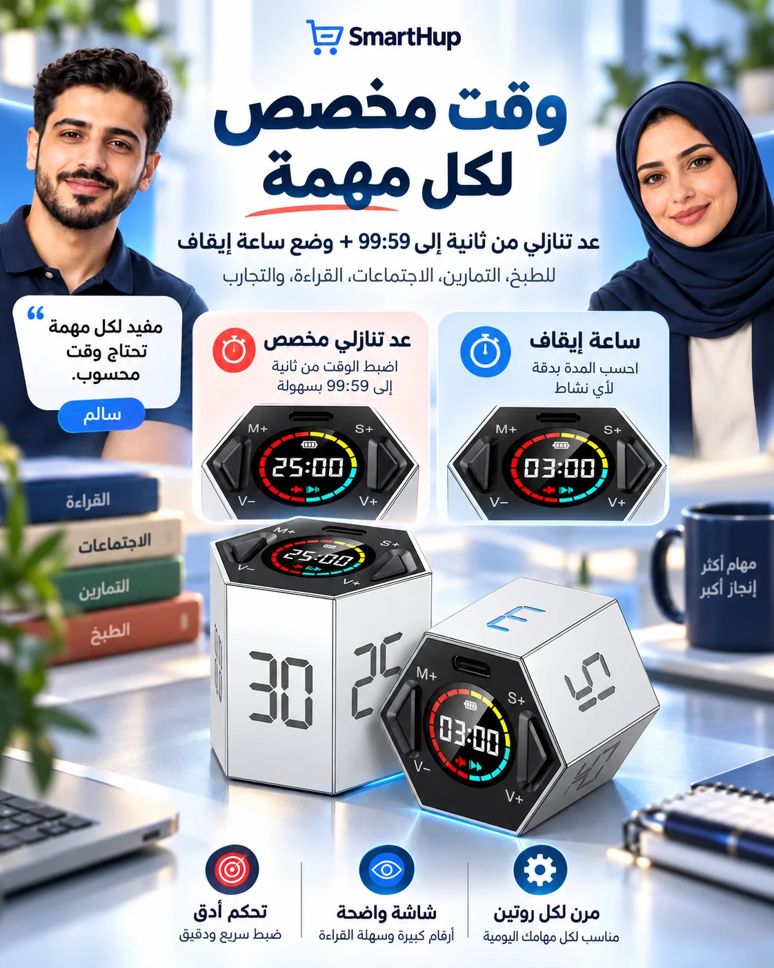 المؤقت المخصص حتى 99 دقيقة و59 ثانية ووضع ساعة الإيقاف