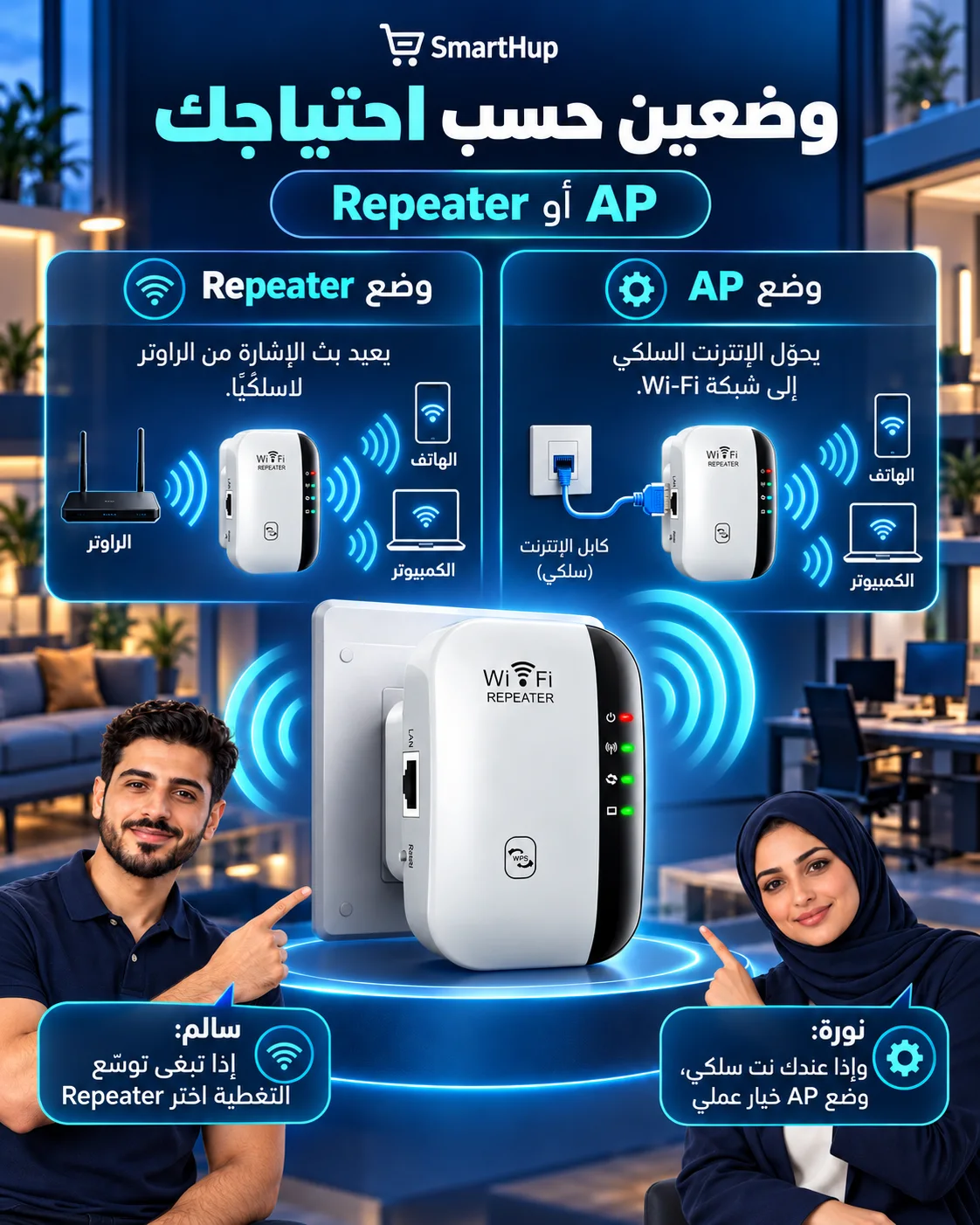مقارنة وضع Repeater اللاسلكي ووضع AP السلكي باستخدام منفذ Ethernet